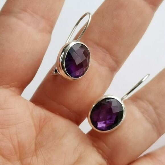 Modernist sterling silver checkerboard cut Amethyst drop earrings 🆕 - Picture 6 of 7